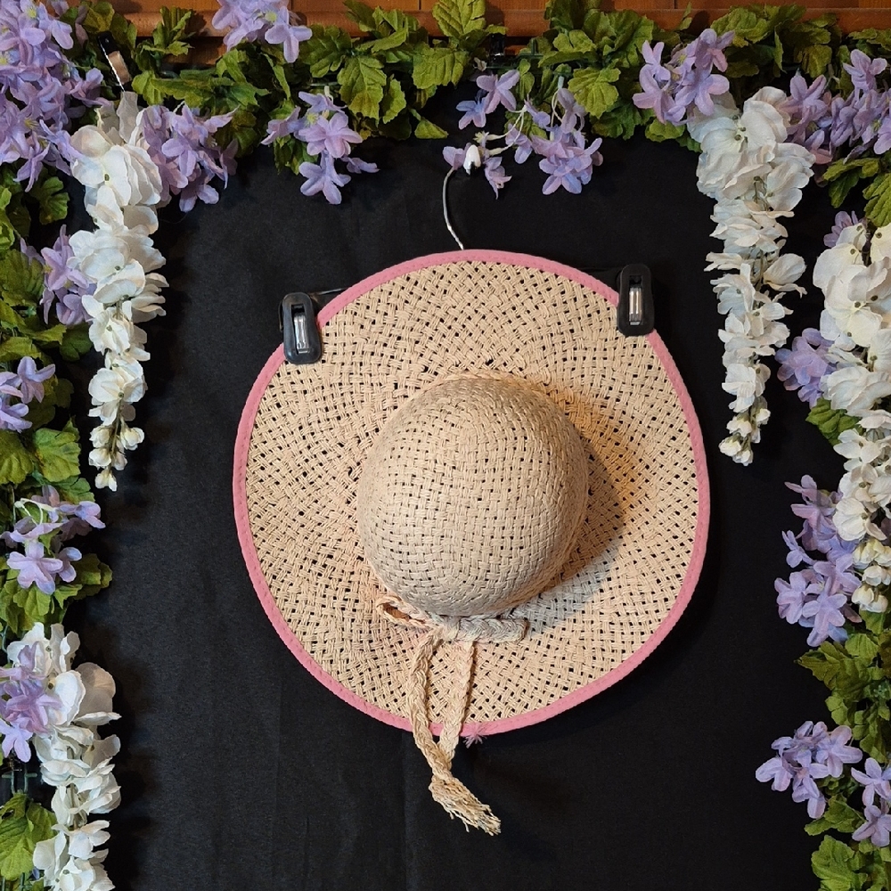 Pink-Trim Woven Straw Sun Hat